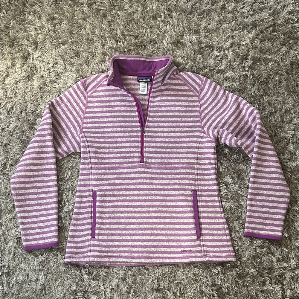 Patagonia Purple and White Striped Quarter-Zip Fleece Pullover